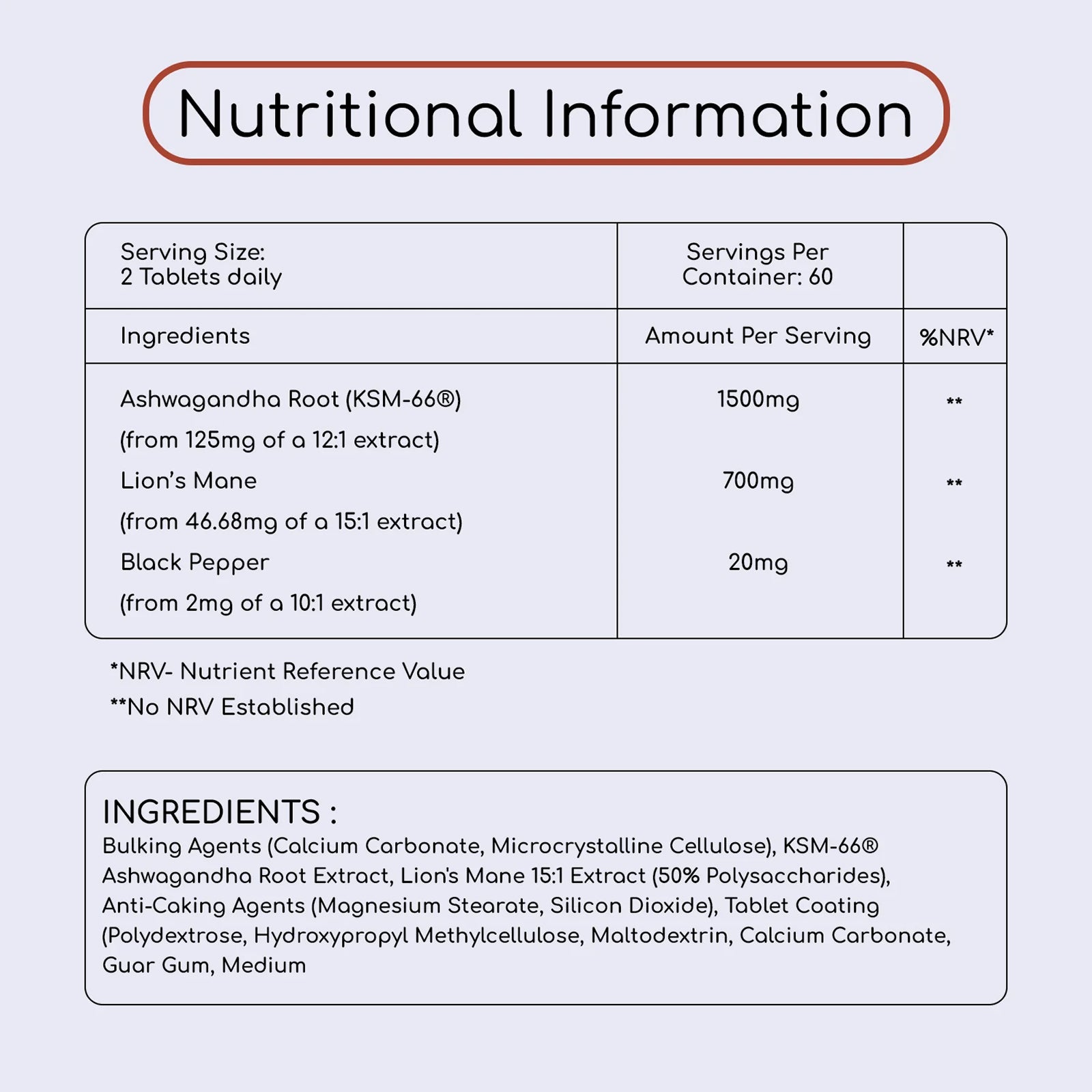 Ashwagandha and Lion's Mane Tablets -  2200mg