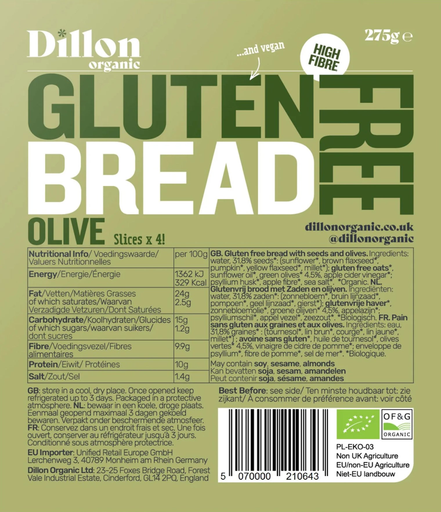Dillon Organic Sliced Gluten Free Olive Bread