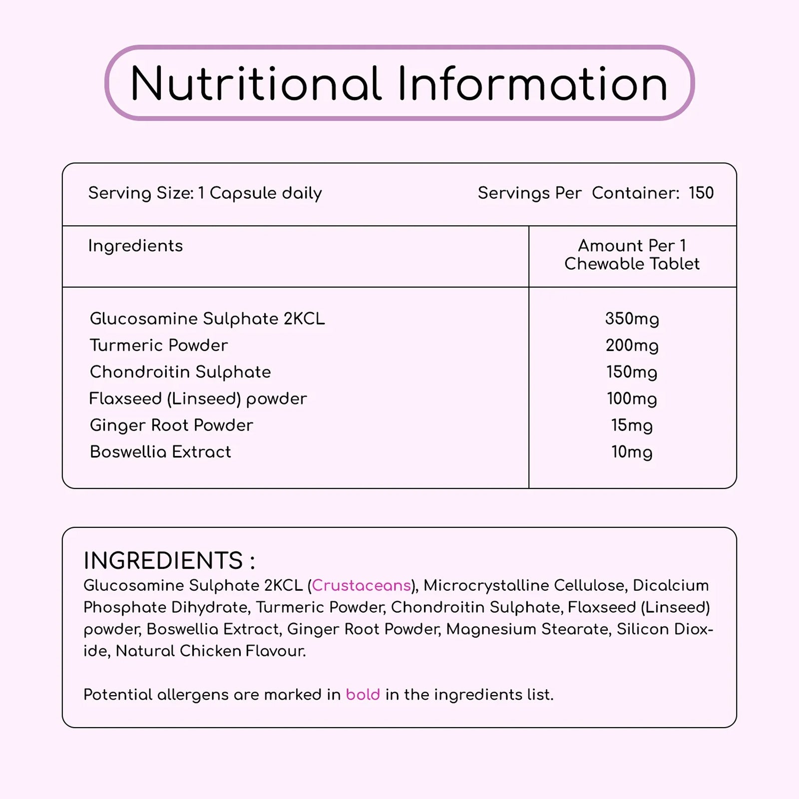 Dog Joint Support Complex Formula Expertly Formulated I 150 Chicken Flavor Chewable Tablets