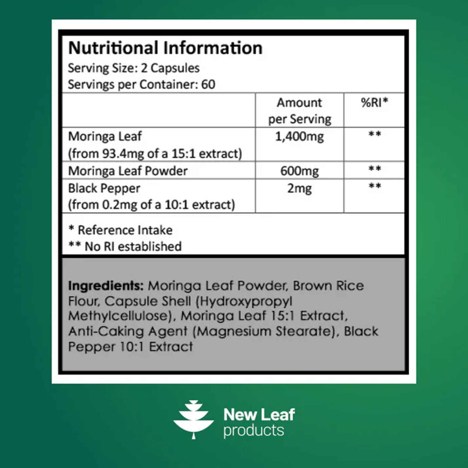 Moringa Leaf Capsules - Pure Extract & Powder 2000mg