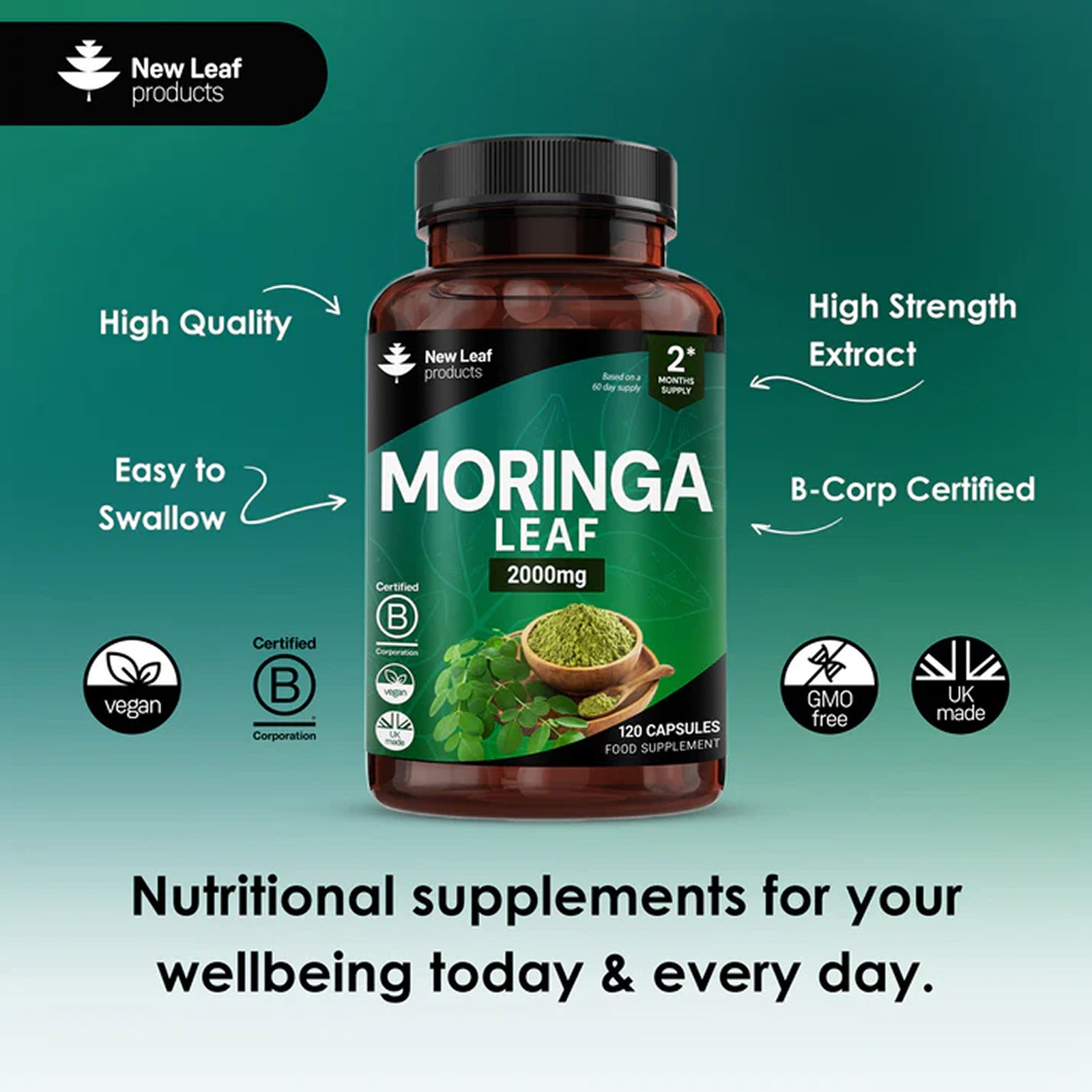 Moringa Leaf Capsules - Pure Extract & Powder 2000mg