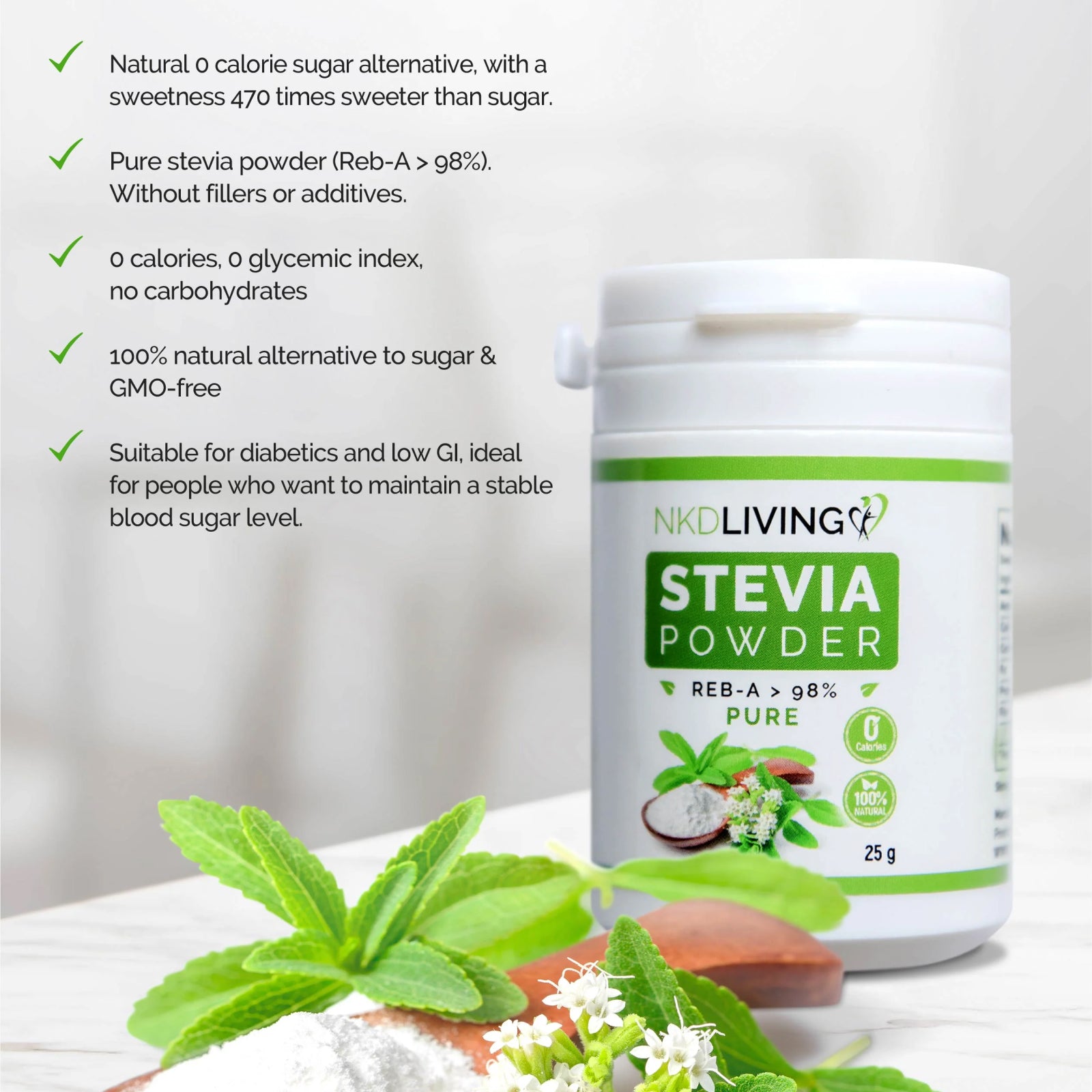 NKD Living Pure Stevia Powder Natural 0 Calorie Sweetener