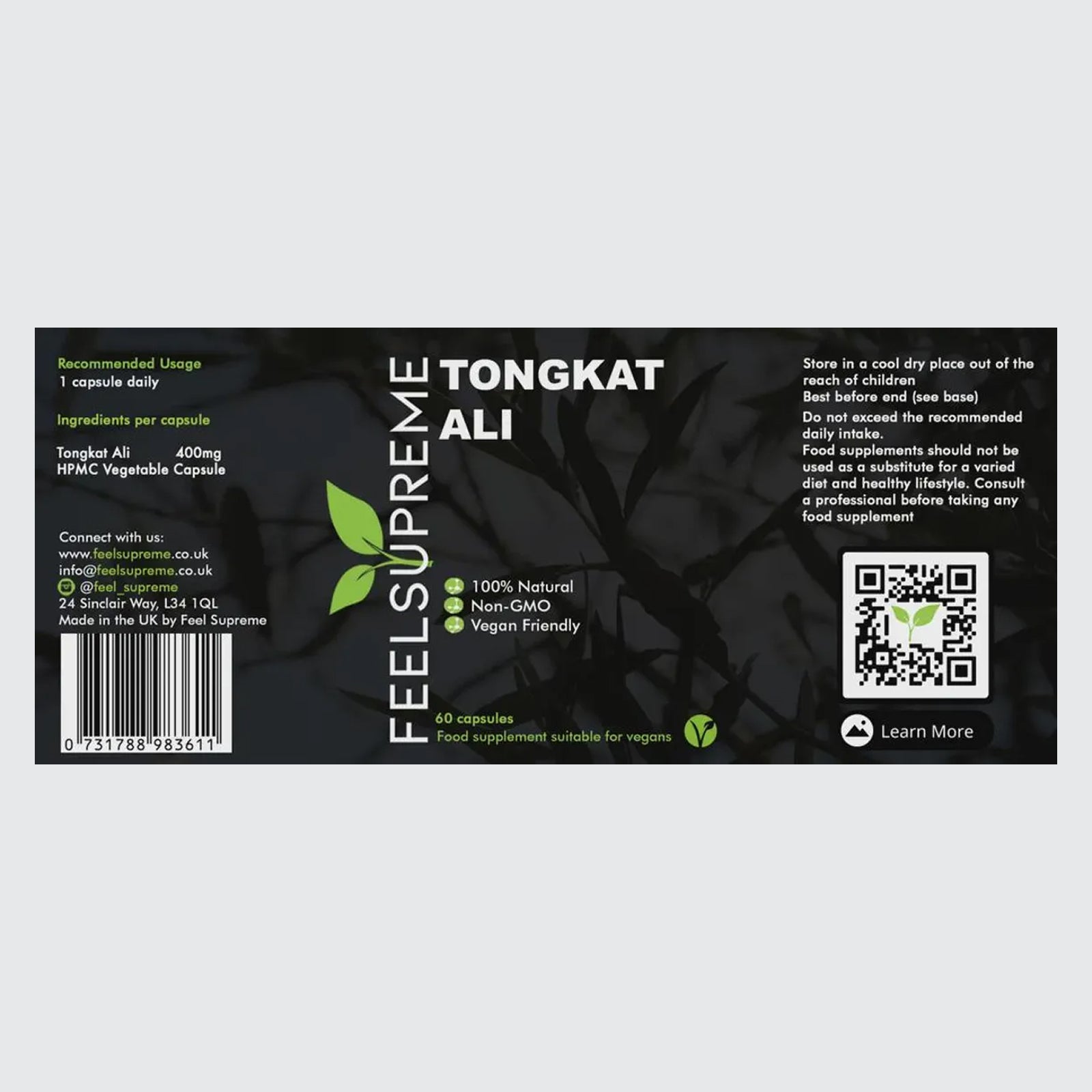 Feel Supreme Tongkat Ali 60 Capsules | Premium Tongkat Ali Extract | Natural Energy & Vitality Support | Testosterone Wellness Supplement