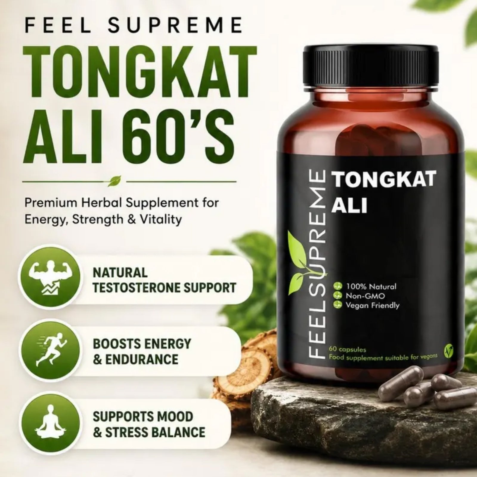 Feel Supreme Tongkat Ali 60 Capsules | Premium Tongkat Ali Extract | Natural Energy & Vitality Support | Testosterone Wellness Supplement